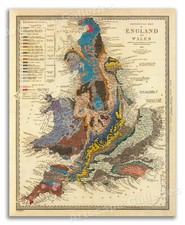 1843 Geologic Map of England - British UK Geology Chart - 16x20