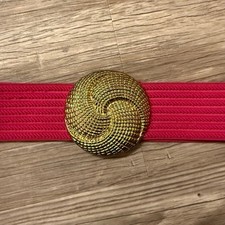 Vintage 1980's Stretchy Elastic Belt Gold Tone Swirl Buckle Hot Pink Accessory