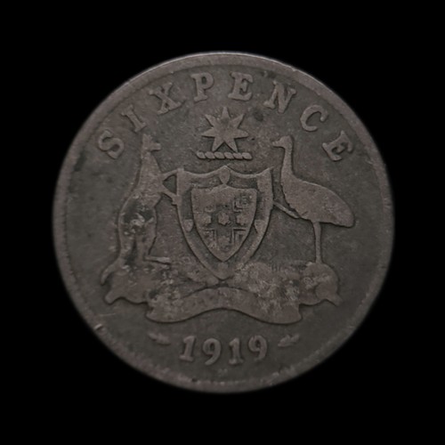 AUSTRALIA. 1919, 6 Pence, Silver - KGV, Melbourne, Kangaroo Emu Sixpence 1 - Picture 3 of 3