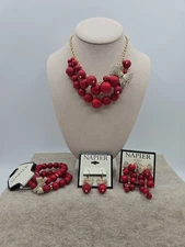 NAPIER Holiday Crystal Bow & Ball  Cluster Necklace NWT Bracelet, 2pr Earrings 