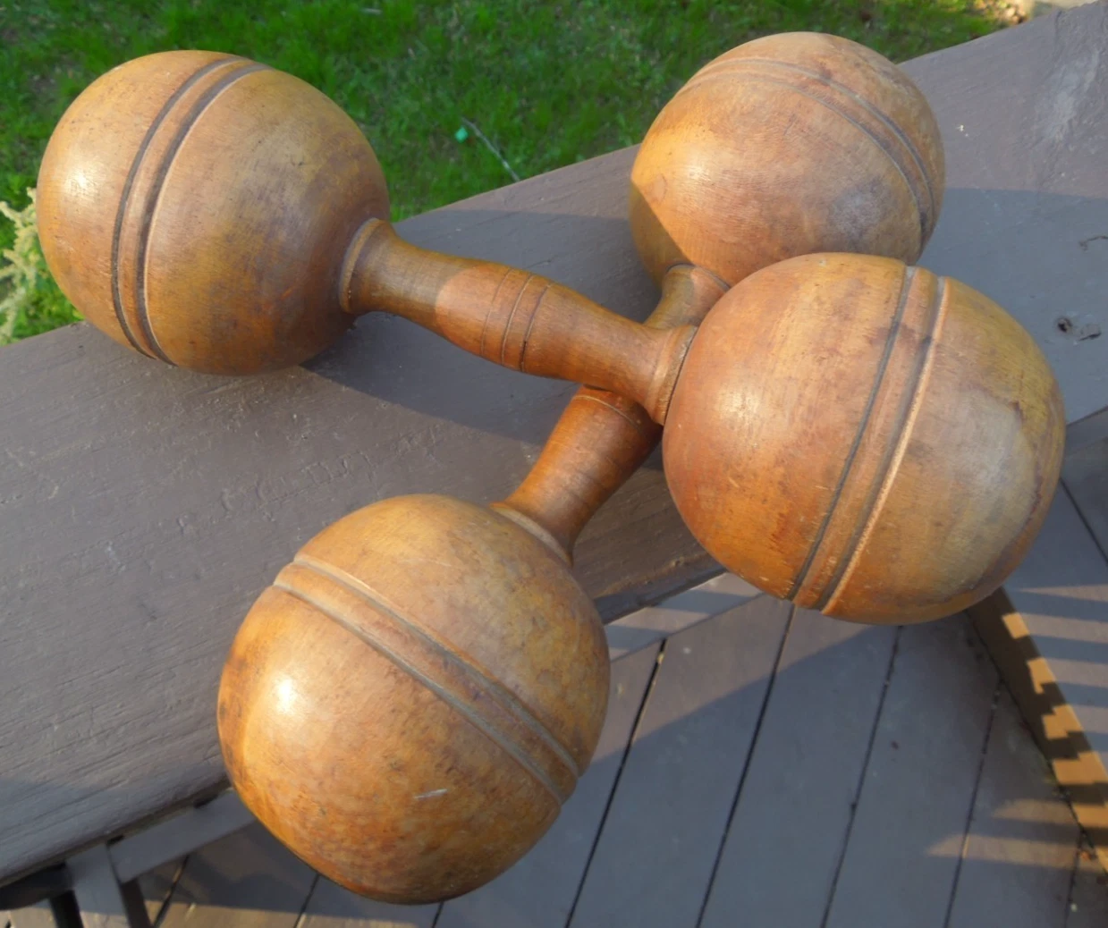 Antique Pair of Wooden 1.1 Pound Wood Dumbell Exercise Weight Set