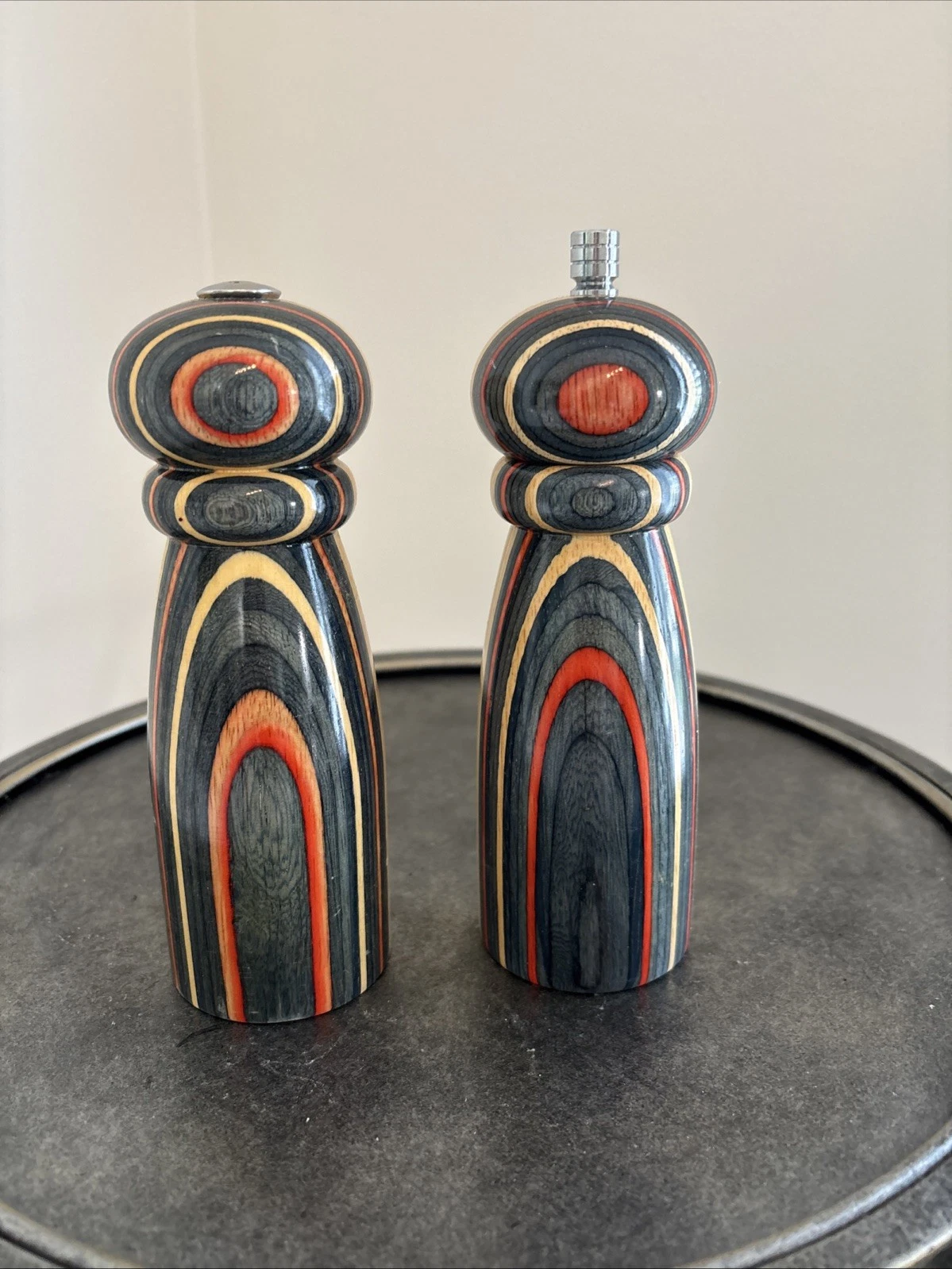 Rainbow Wood Salt & Pepper Mill Set Turned Wood Pepper Grinder 7” Vintage