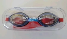 Aqua2ude Kids Swim Goggles Blue - Red Strap  Ages 6 + Protective Case NEW