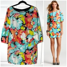 Trina Turk Abstract Multicolor Watercolor Shift Mini Dress 100% Silk Size Large