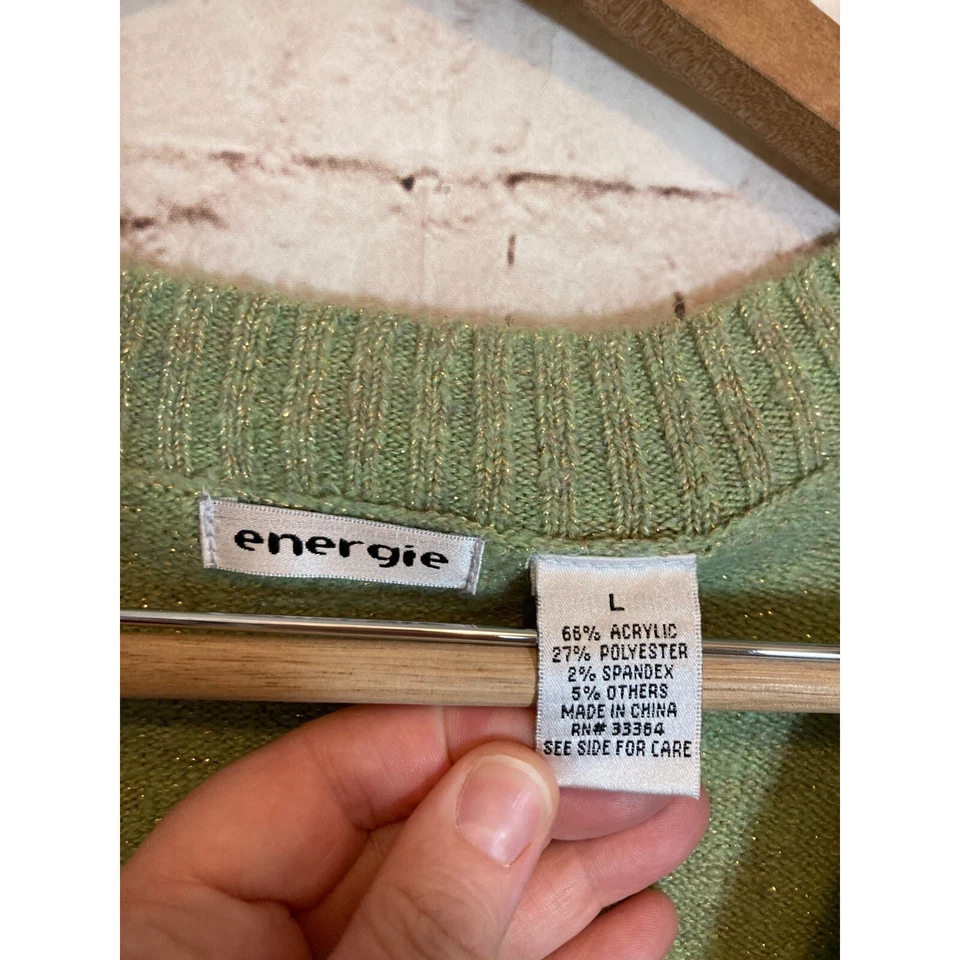 Suéter Vintage Y2K Energie Mujer Grande Verde y Dorado Brillo Pullover Elástico Foto 3 de 4