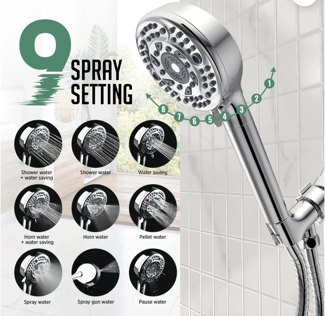 9-Spray Filtered Handheld Shower Head Chrome with Hose & Accessories