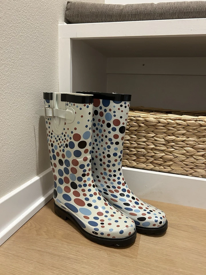 Botas de lluvia de goma para mujer primavera y verano crema con lunares azules y oxidados talla 6 Foto 3 de 4