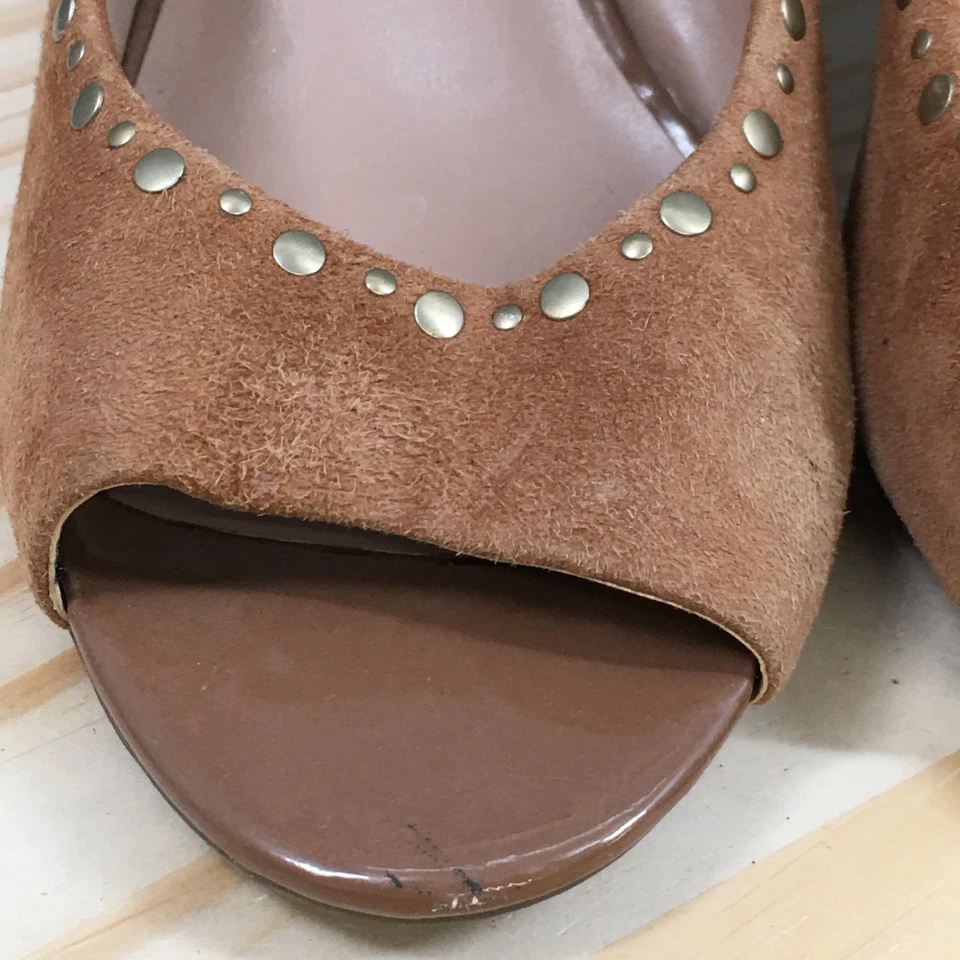 Franco Sarto Heels Womens 10 M Glitzy Slip On Peep Toe Wedge Pumps Brown Suede - Image 4 of 4