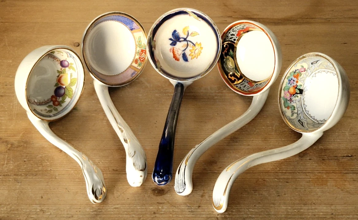 5 VINTAGE ANTIQUE PORCELAIN TUREEN SAUCE GRAVY CREAM LADLES
Opens in a new window or tab