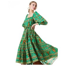 Alice + Olivia  Green Boho Puff Sleeves Cotton Dress - Size XS