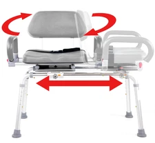 CAROUSEL Sliding Transfer Bench Swivel Seat, Padded Bath Shower Chair Pivot Arms
