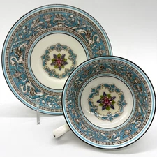 c.1950s Wedgwood Florentine Turquoise Peony Tea Cup & Saucer Embossed Set W2714