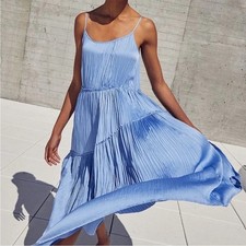 Vince Camuto: NWT $425 Japanese Blue Tiered Asymmetric Midi Satin Dress Size L