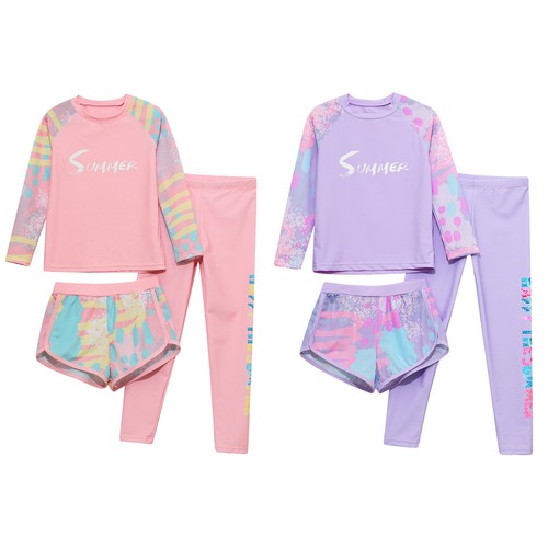 Kids Girl's Swimming Suit 3 Piece Tops And Shorts Fashion Rash Guard Wetsuit - Picture 5 of 31
