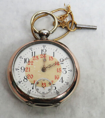 ANCRE LIGNE DROITE GOLD ON SILVER 24 HOUR DIAL 49mm KEY WIND POCKET WATCH