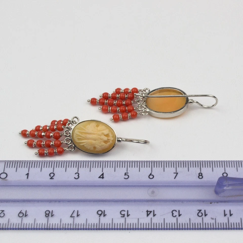 ORECCHINI IN ARGENTO 925 CON CORALLO E CAMMEI CORNEOLA TRE GRAZIE AGHT 0760 - Immagine 3 di 3