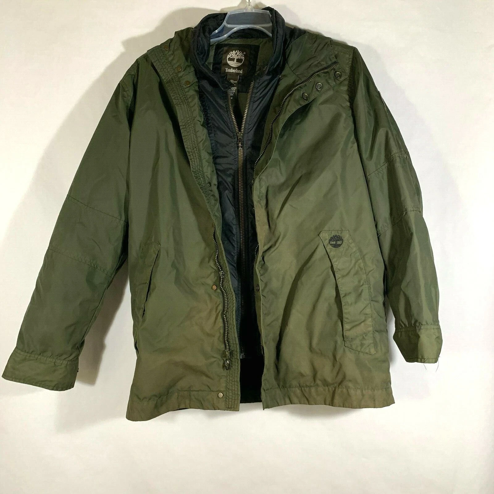 Vtg Timberland Double Layer Jacket Men Hood Army Green Water Resistant Sz M