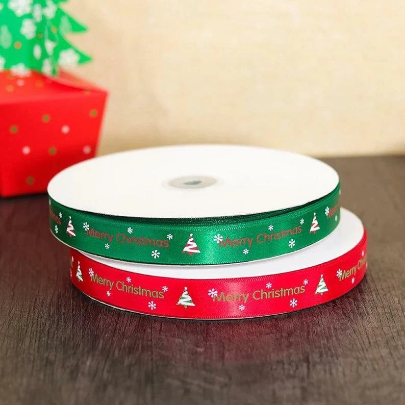 100yd/90m 20mm Green Red Merry Christmas Gift Wrapping Satin Polyester Ribbons - Изображение 3 из 4