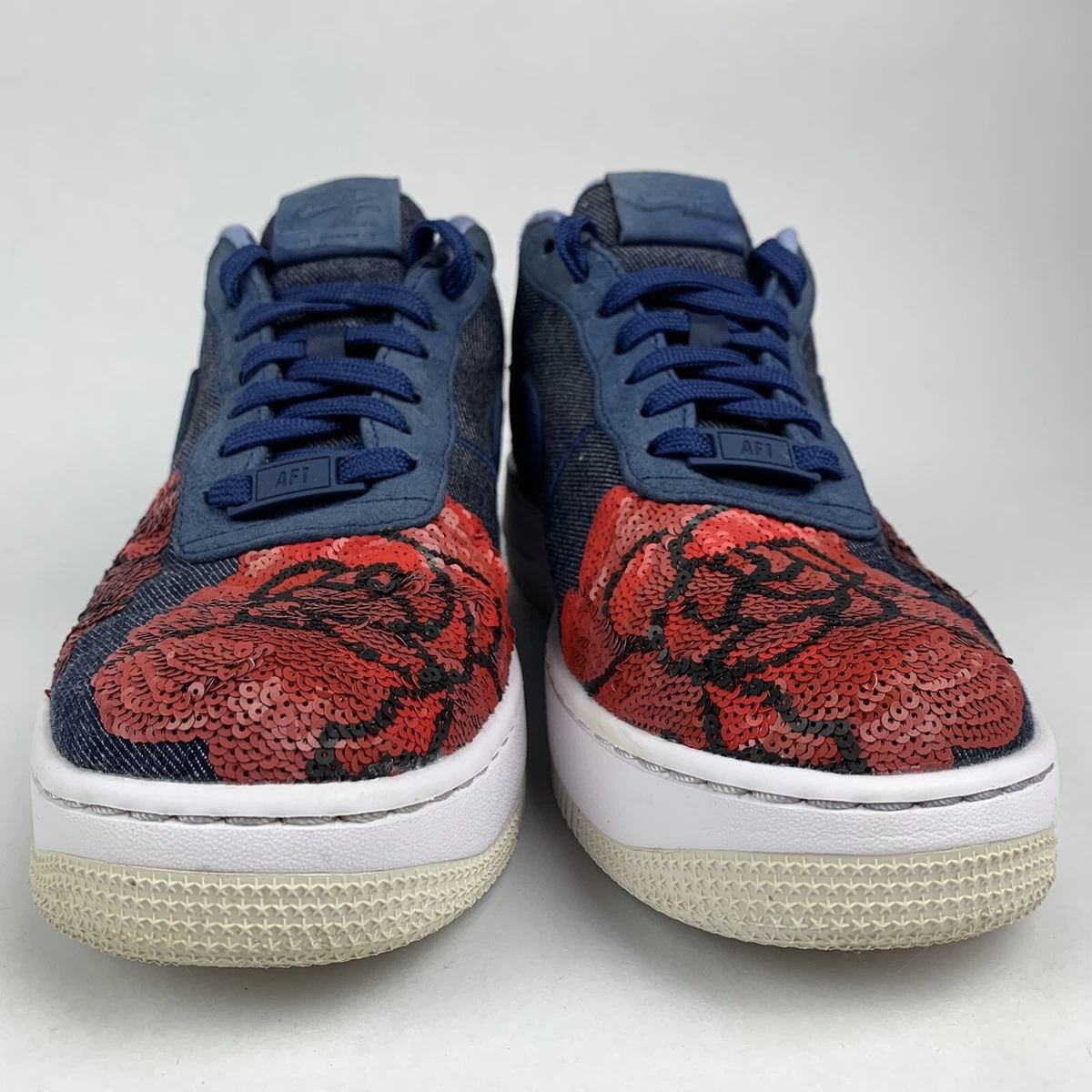 Nike Air Force 1 Floral Rose Sequin Denim Sneakers Shoes Womens 9.5 898421 401