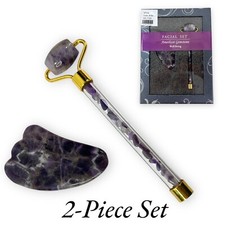 Natural Amethyst Gemstone Gua Sha Set Face Roller Massager Facial Skin Eyes Neck