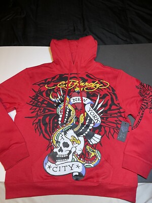 Size Large Men s Ed Hardy Hoodie Pullover Skull Snake Tiger Red CA L Y2K 2000 s