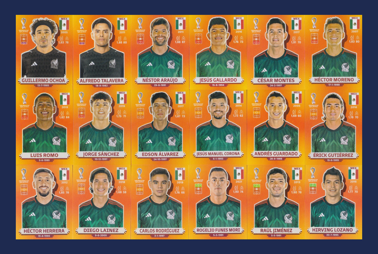 Mexico Team - 18 Players Stickers Set - Panini FIFA World Cup Qatar 2022