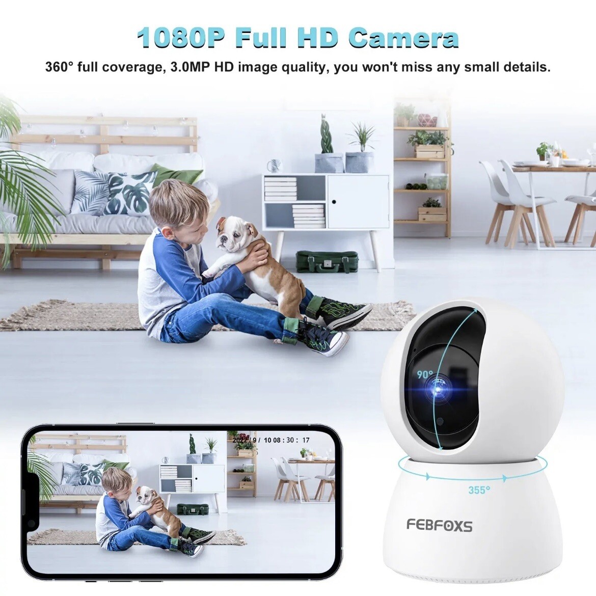 Febfoxs Baby Monitor Security Camera, WiFi Indoor Camera, 360-Degree Smart 1080P
