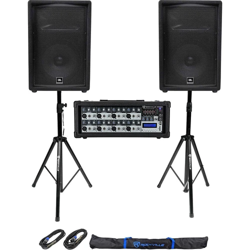 2 JBL Pro JRX212 12" 2000w PA/DJ Speakers+Powered Mixer w/Bluetooth+Stands