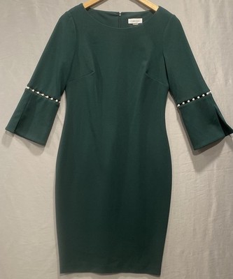 Calvin Klein Womens Dress 8 Green Bell Sleeve Pearl Accent Career Elegant Classy