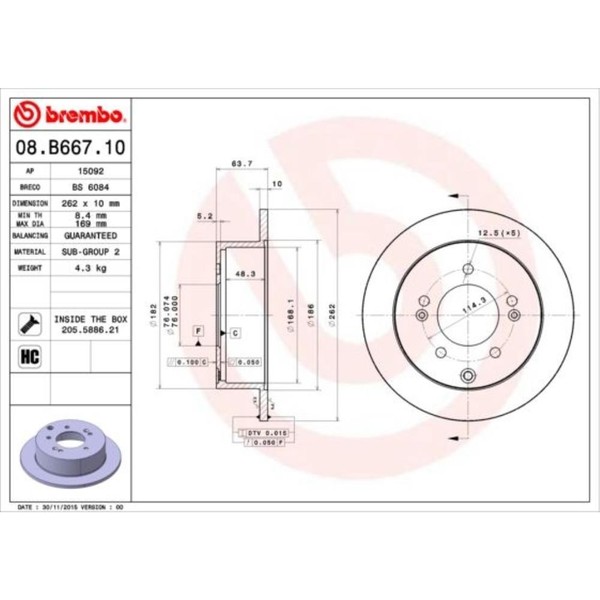 Brembo 2X Bremsscheibe Hinten Ø262 Mm Voll FüR KIA Soul AM 1.6 Gdi Cerato II-image
