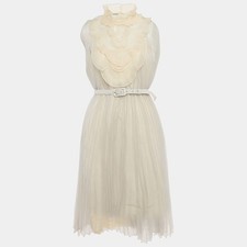 Prada Light Grey Plisse Organza Jabot Detail Dress M