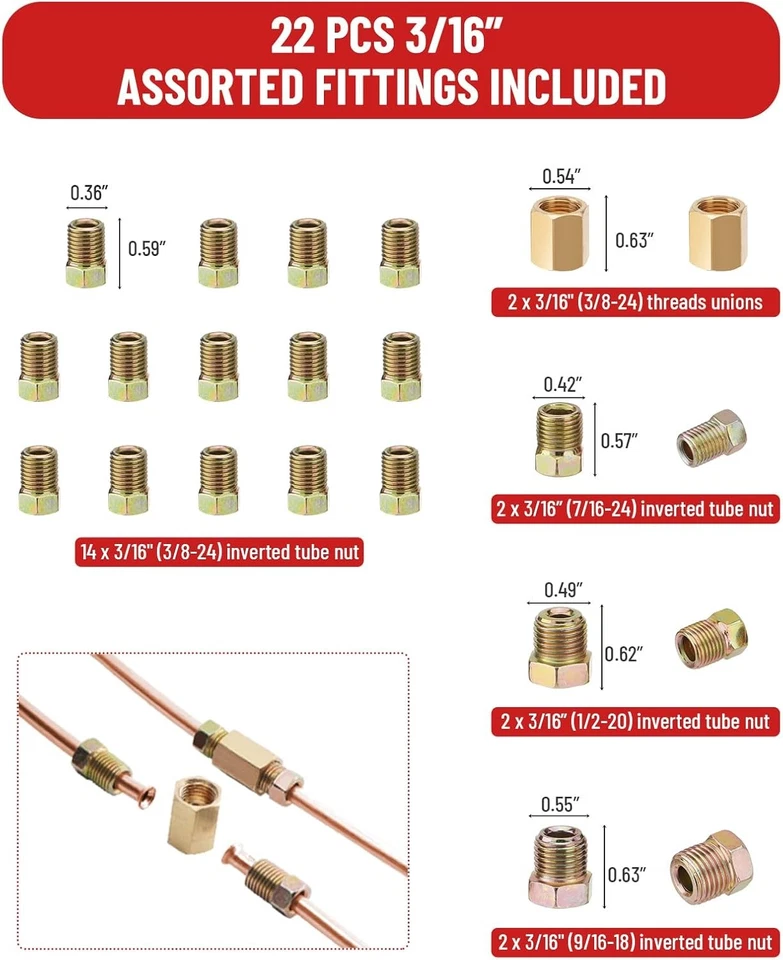 Brake Line Repair Kit 3/16 + 1/4 25FT Copper Pipe Flaring Tool 44 Fittings Nuts - Image 4 of 4