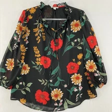 Bar III Blouse size XL Multi Floral Tie Front Ruffle Neck Preppy Feminine Office