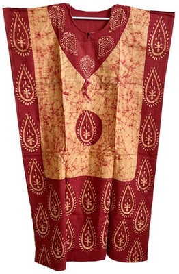 Womens Long Batik-Dyed Housedress Maxi Kaftan in Yellow and Red
