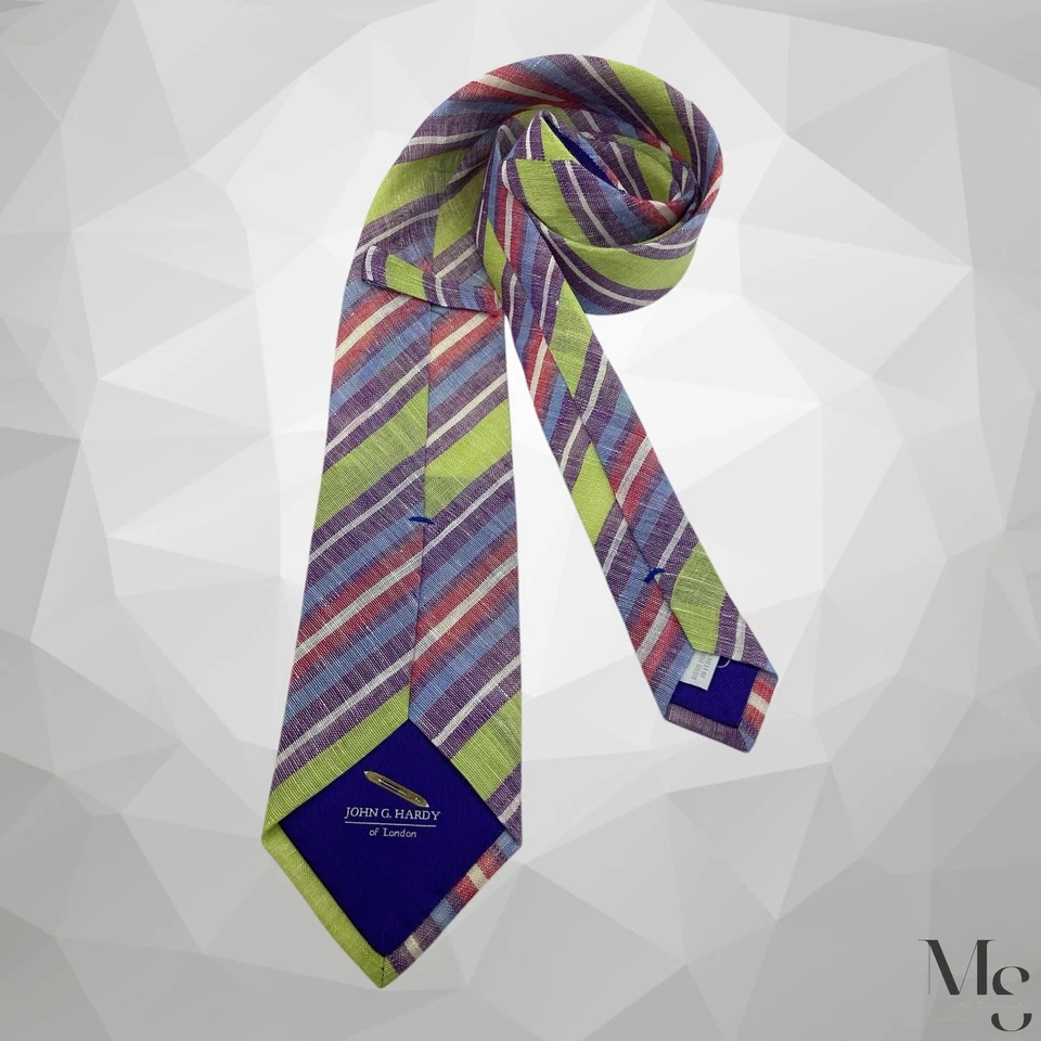 Corbata de interior a rayas verde púrpura John G. Hardy hecha a mano en Italia 60”-3,2” EX CD Foto 2 de 4