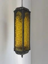 Moroccan-Style Metal Hanging Amber Yellow Glass Lantern/Lamp Candle Holder