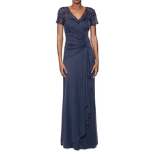 XSCAPE Size 6 Navy Bead Embellished Cascading Sheath Long Evening Dress Gown