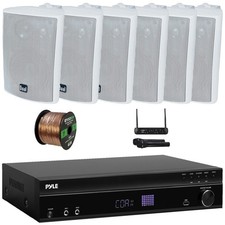 Pyle FM Radio Bluetooth Receiver, 6x 4" 200W Indoor/Outdoor White Speakers Mic
