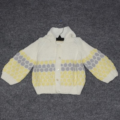 VTG Handmade Baby Cardigan Sweater White Yellow Honeycomb Hooded Snap Buttons
