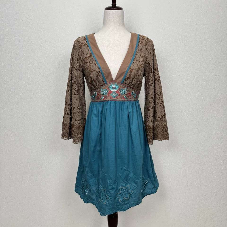 Vestido De Colección Años 90 Tomate Volador Para Mujer Pequeño Azul Imperio Cintura Crochet Boho Indie Foto 2 de 4