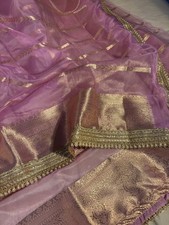 Women Pink Banarasi Organza Silk Saree with Lace Work Unstitched Blouse Piece