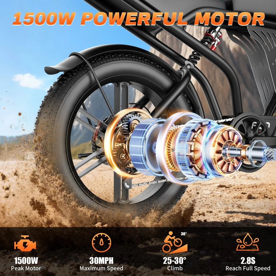 Bicicleta elétrica 1500W para adultos 32MPH 48V 20AH 75 milhas 20" pneu gordo mountain bike - Imagem 2 de 4