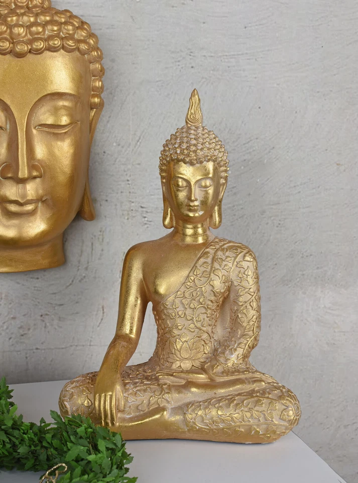 Buddha Figur Gold Buddha im Lotussitz Gartenfigur Meditation Feng Shui Skulptur  - Bild 2 von 4