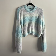 Wild Fable Women L Blue Spacedye Fuzzy Crew Neck Pullover Cropped Sweater NWT