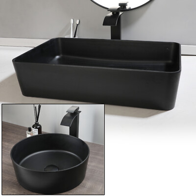 Black Bathroom Vessel Sink Stone Resin Bowl Drain Faucet Combo Pop Up Basin Set