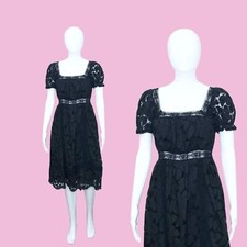 Y2K. ANNA SUI Black Lace Peek A Boo Waist Puff Sleeve Dress W/Crochet Trim. XS-S