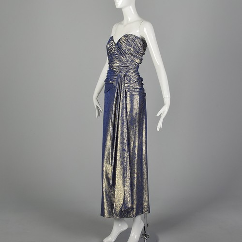 XS Blue Evening Gown 1970s Gold Lamé Strapless Sweetheart Formal Prom Dress VTG - Picture 2 of 10