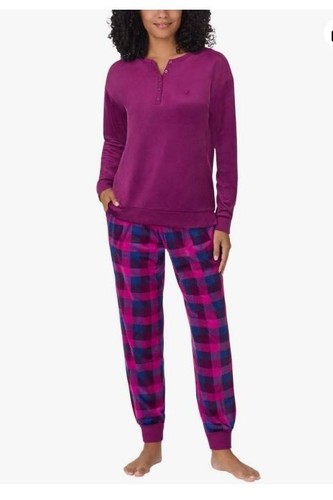 Nautica Women's 2 Piece Fleece Pajama Sleepwear Set, Purple Plaid, L (0968L)