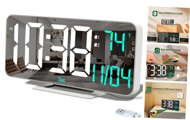 Digital Clocks for Living Room, 6.7in Small LED White (White + Blue Number)