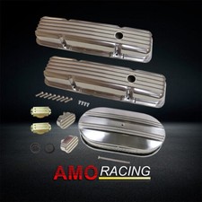 Short Valve Cover Set Fits 58-86 SBC w/ 15" Partial Finned Air Cleaner&Breather